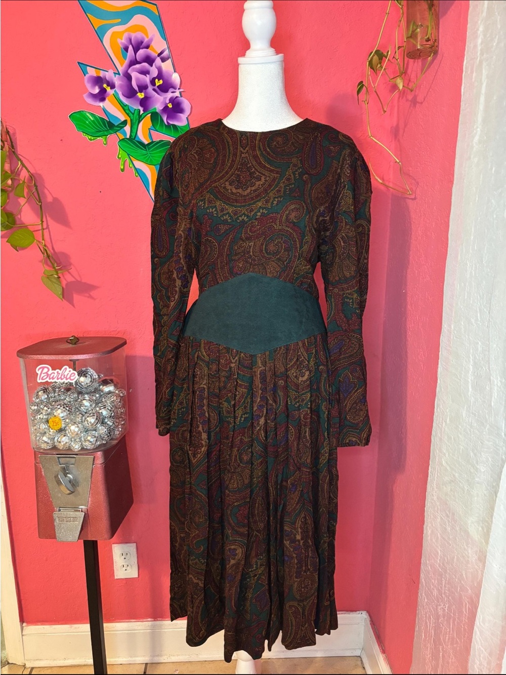 Vintage Green Paisley Midi Dress - Size Large